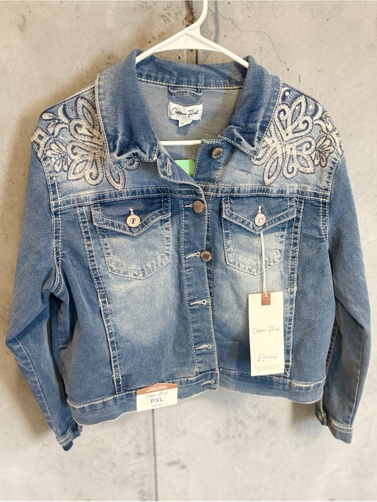copper flash Jackets & Blazers - Women's Light Blue Embroidered Denim Jacket -